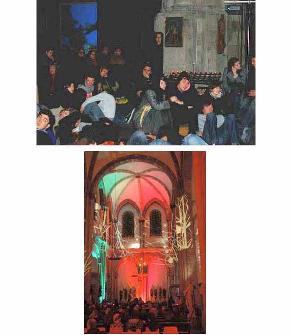 Two photographs of the Cologne Basilica disco light show